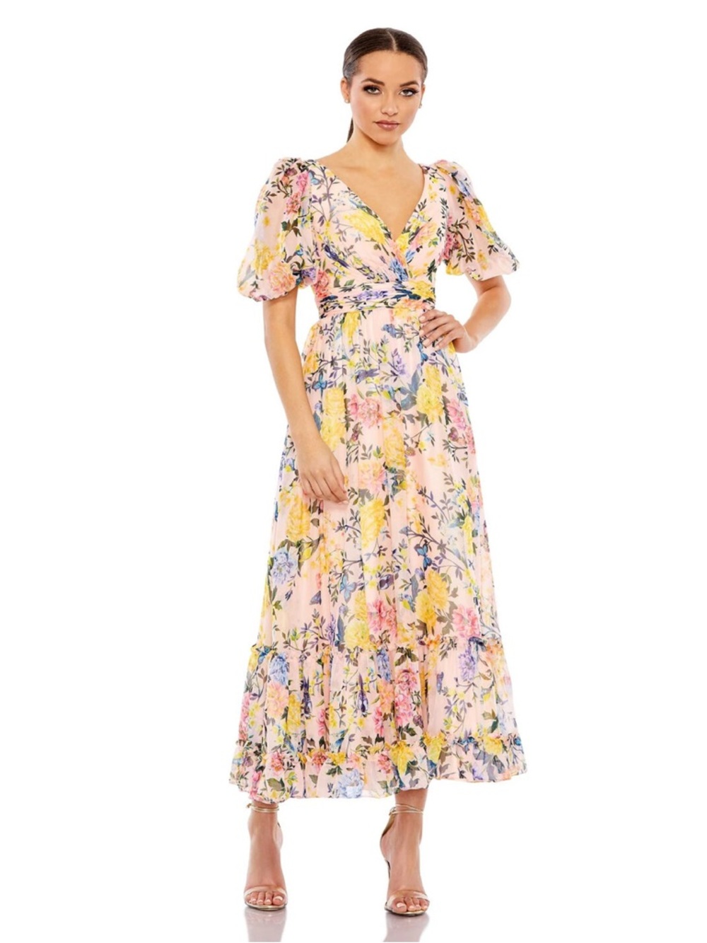 Mac Duggal Pastel Floral Wrap Midi Dress